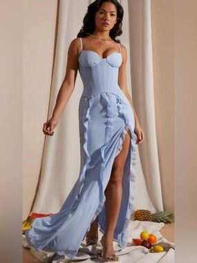 oh polly blue dresses One-Shoulder Maxi Dress in Polka Dot Print Cut to a maxi length with an alluring thigh high split Oh Polly on X: "Wearin'